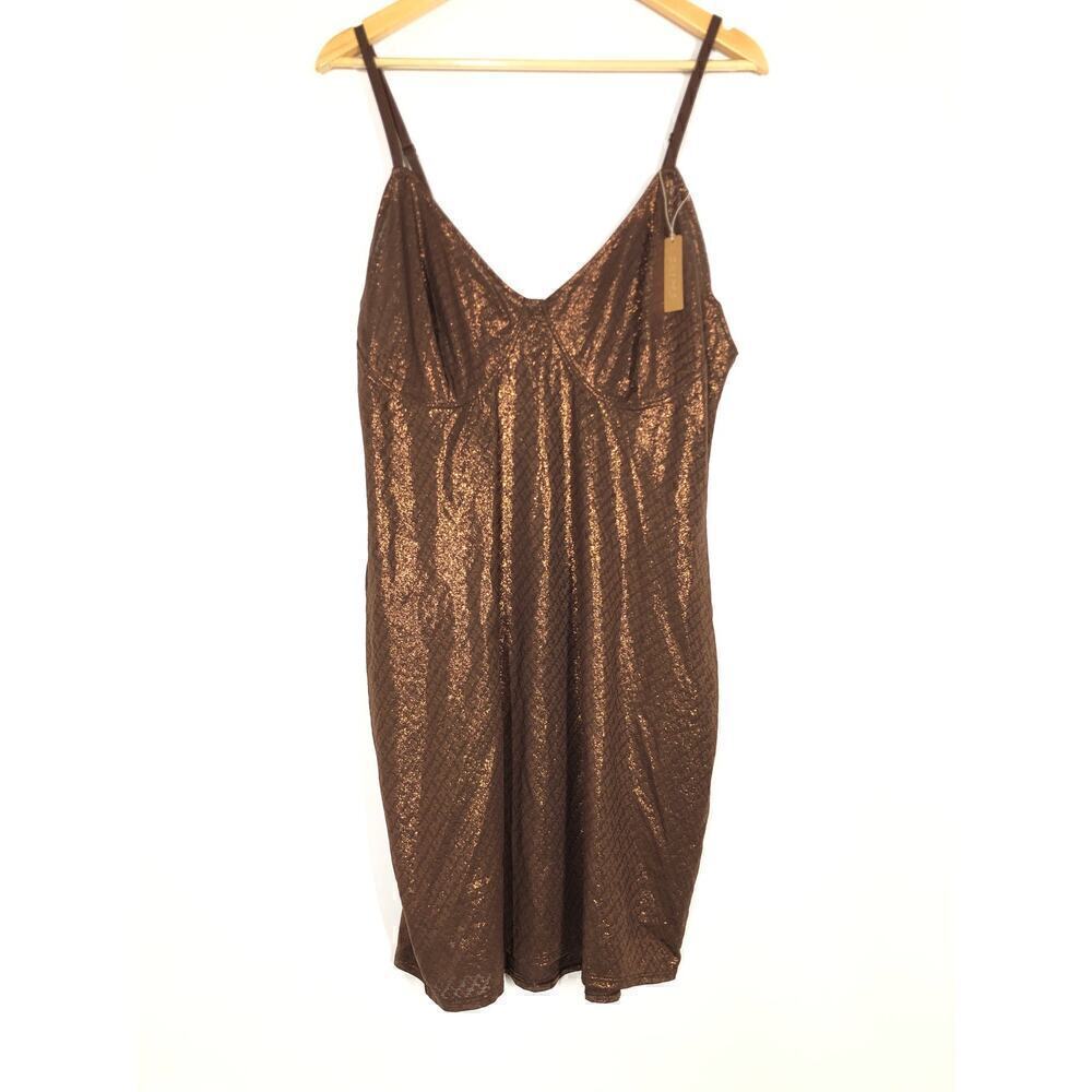 SKIMS Logo Mesh Foil Cami Dress Sleeveless Bodycon Mini Cocoa Brown NWT Size XL
